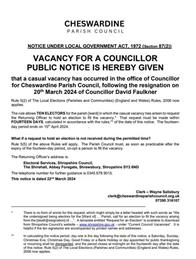 VACANCY FOR A COUNCILLOR PUBLIC NOTICE IS HEREBY GIVEN