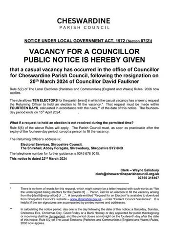  - VACANCY FOR A COUNCILLOR PUBLIC NOTICE IS HEREBY GIVEN